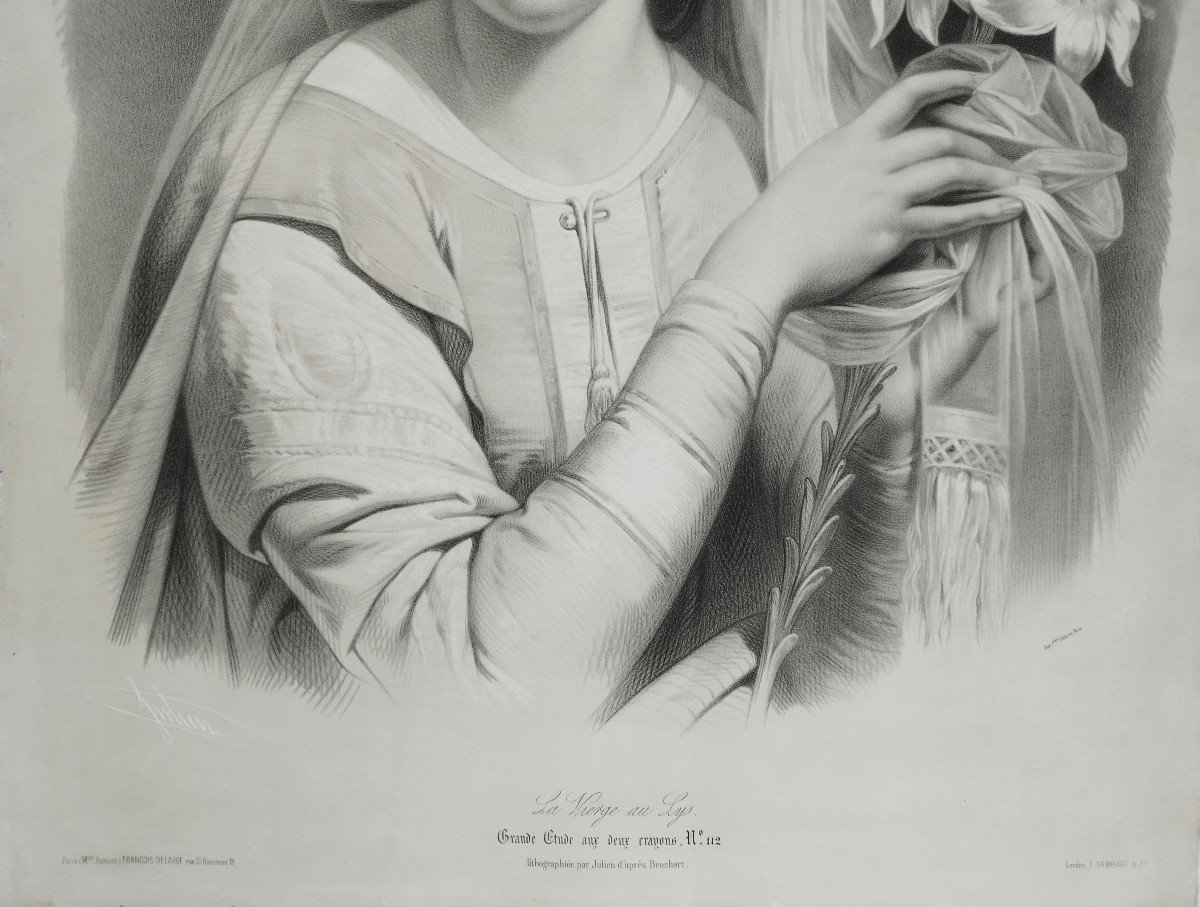 Virgin With Lilies Large Lithograph By Julien 19th C Old Print-photo-4