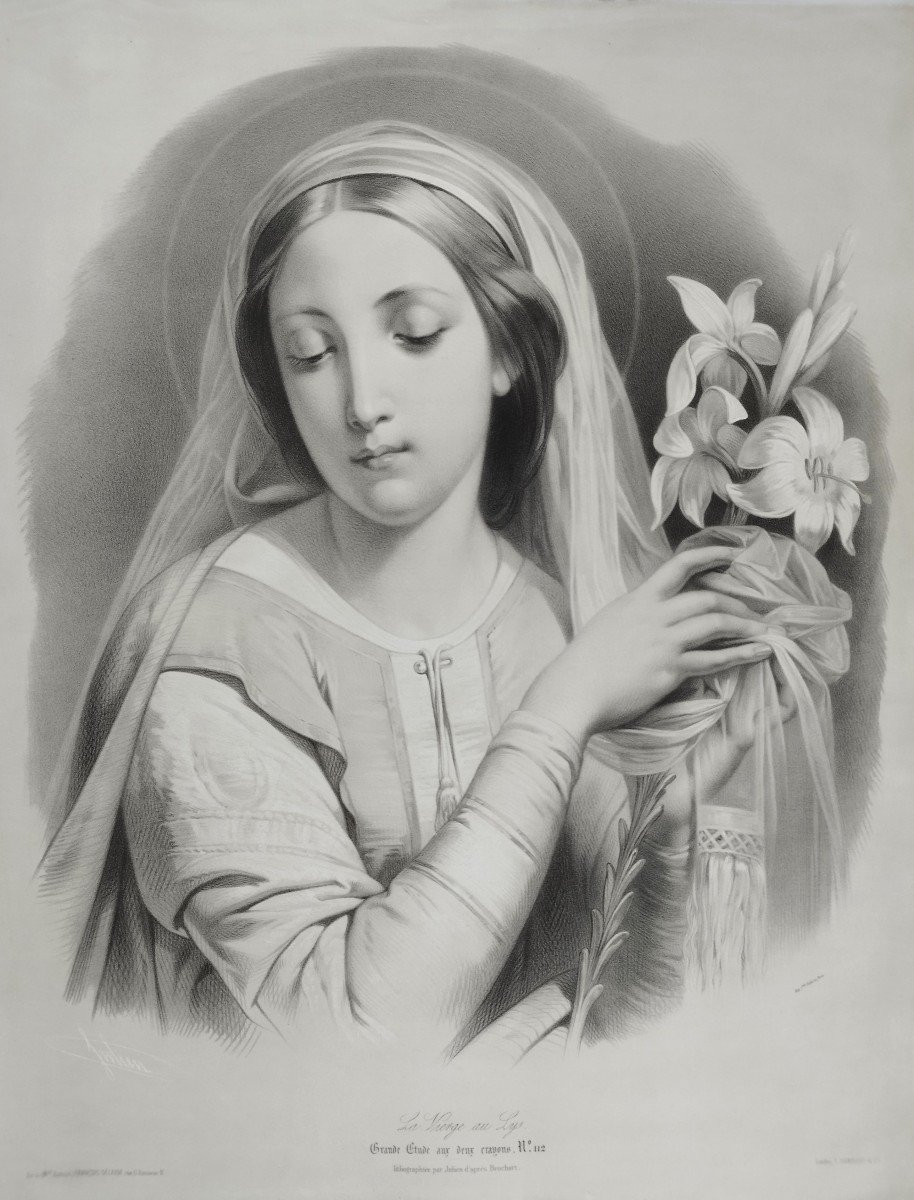 Virgin With Lilies Large Lithograph By Julien 19th C Old Print