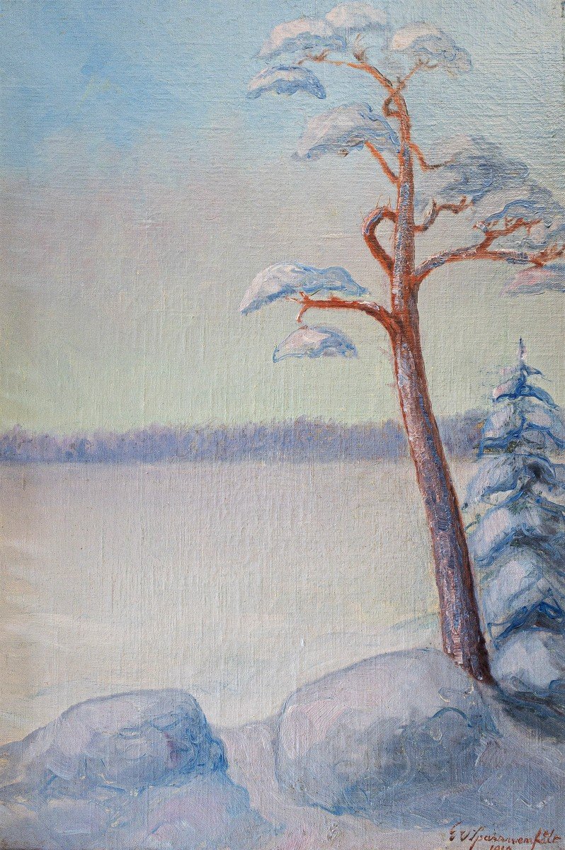 Paysage d'Hiver Tableau Huile Sur Toile Par G. Von Sparrvenfält Peintre Suédois -photo-7