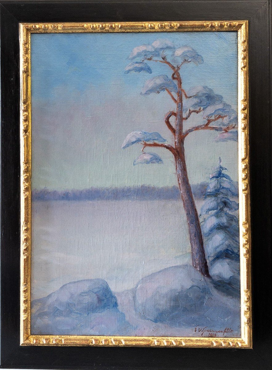 Paysage d'Hiver Tableau Huile Sur Toile Par G. Von Sparrvenfält Peintre Suédois 