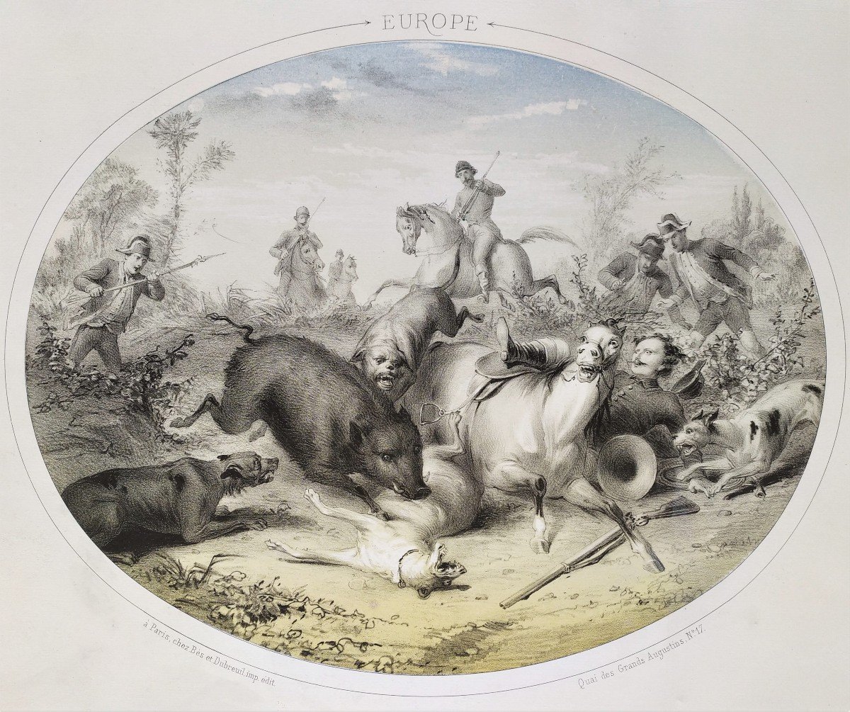 Chasse Chevaux Quatre Continents Lithographies 19ème Bès Et Dubreuil-photo-4