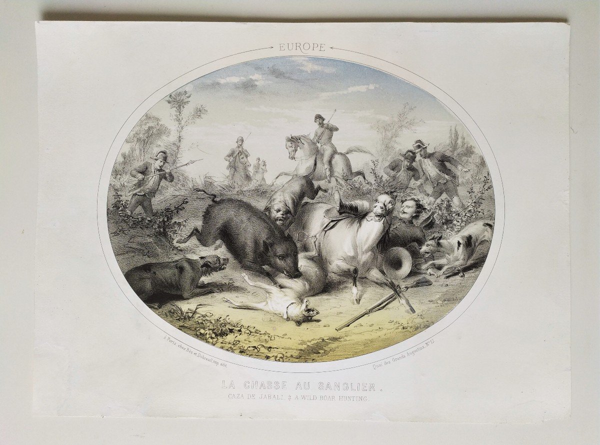 Chasse Chevaux Quatre Continents Lithographies 19ème Bès Et Dubreuil-photo-1