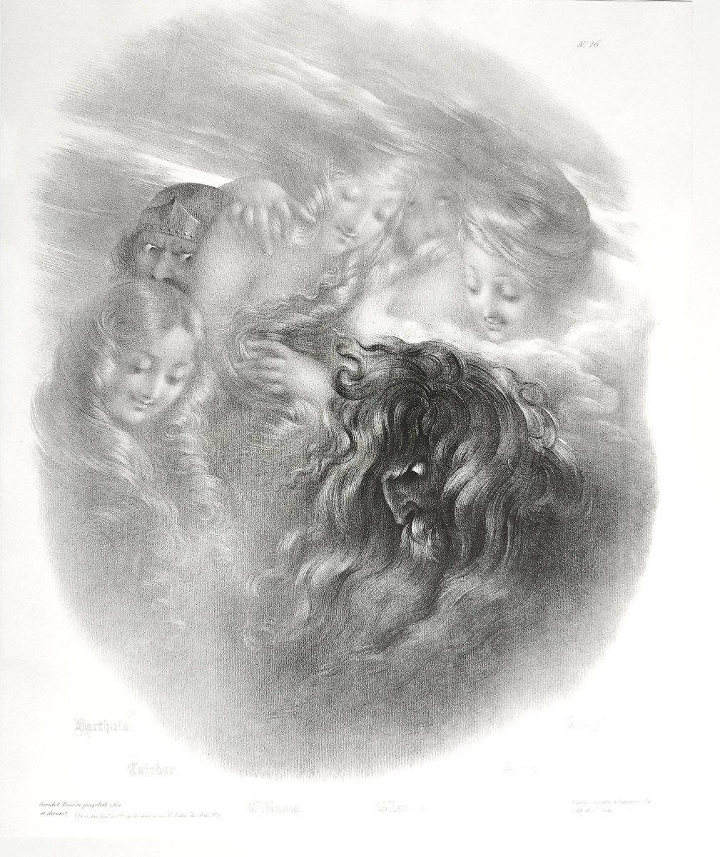 Darthula, Caïrbarn Collama ..;ythological Lithograph After Girodet -trioson 19th C Old Print