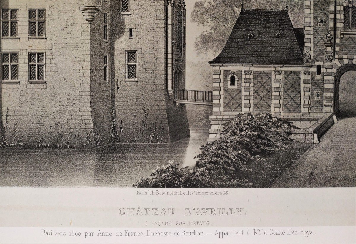 Architecture French Castle Avrilly Auvergne Lithograph By Victor Petit 19th C Old Print-photo-2