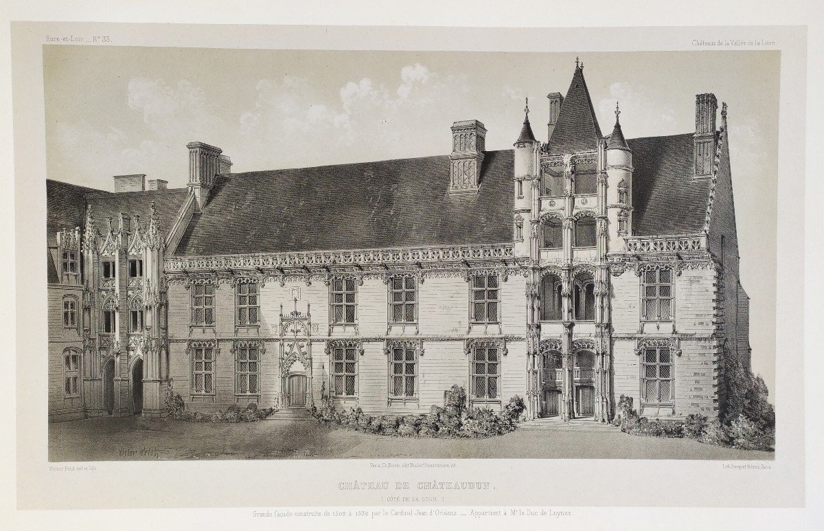 French Castle  Châteaudun  Architecture Renaissance Lithograph By Victor Petit Old Print -photo-3