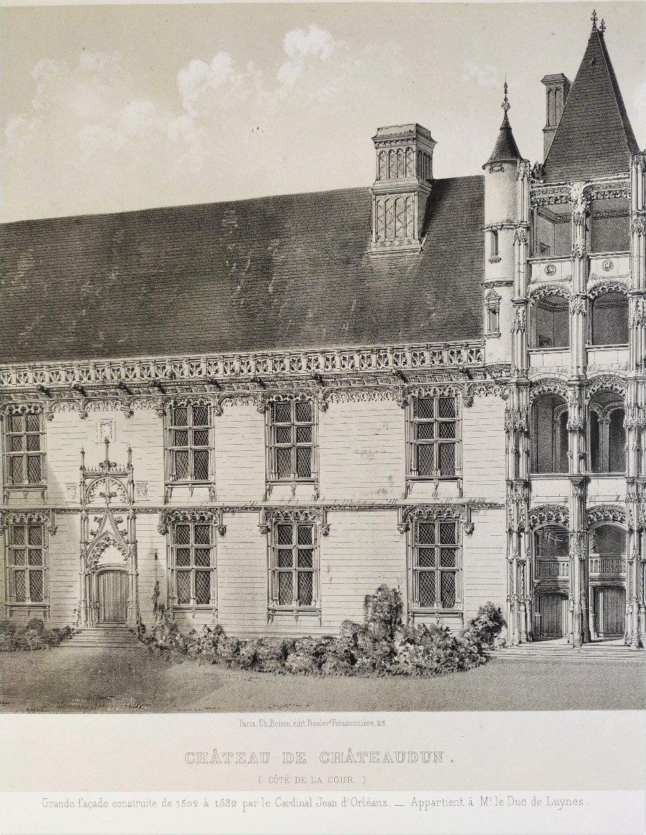 French Castle  Châteaudun  Architecture Renaissance Lithograph By Victor Petit Old Print -photo-2