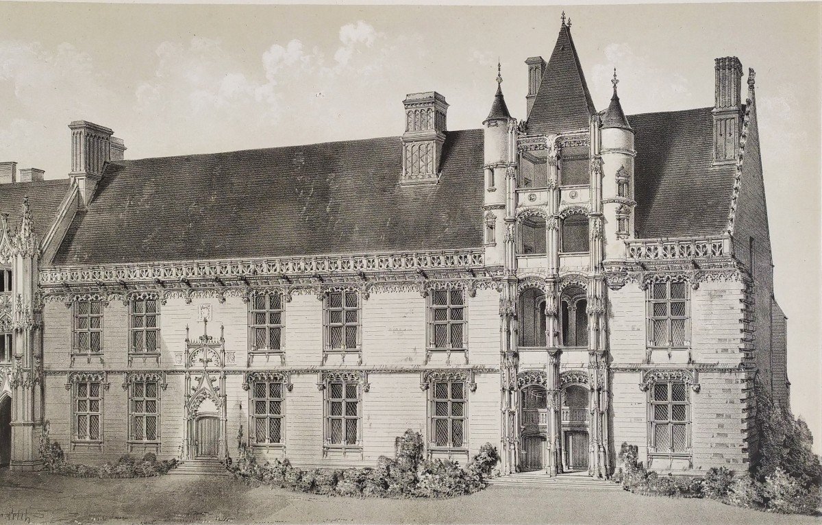French Castle  Châteaudun  Architecture Renaissance Lithograph By Victor Petit Old Print -photo-4