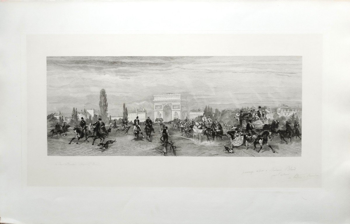 Etching Arc De Triomphe Prize The Departure Of Races  19th  C Engraving Old Print Horses-photo-2
