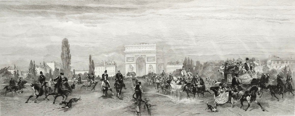 Etching Arc De Triomphe Prize The Departure Of Races  19th  C Engraving Old Print Horses-photo-1