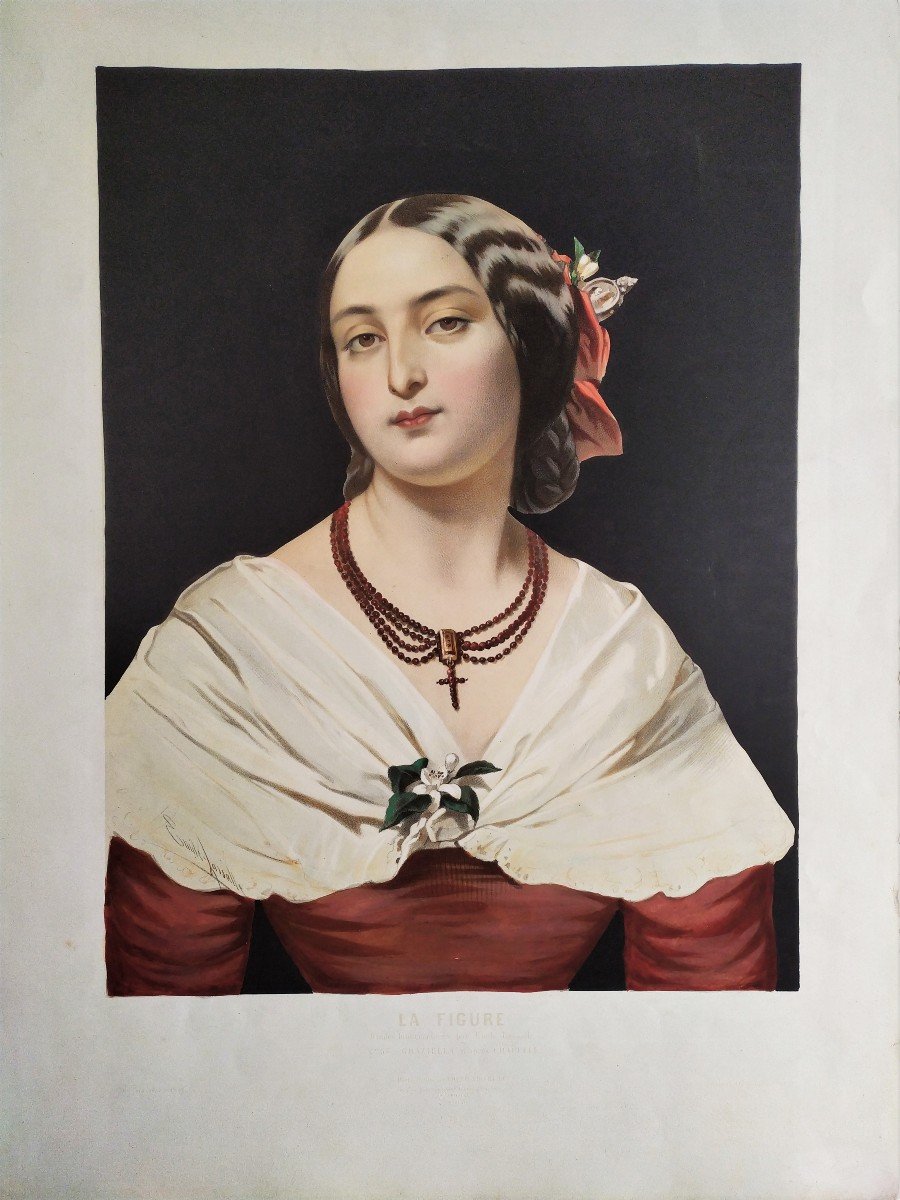 Portrait Of Italian Lady  Watercolored Lithograph 19th Century Old Print-photo-2