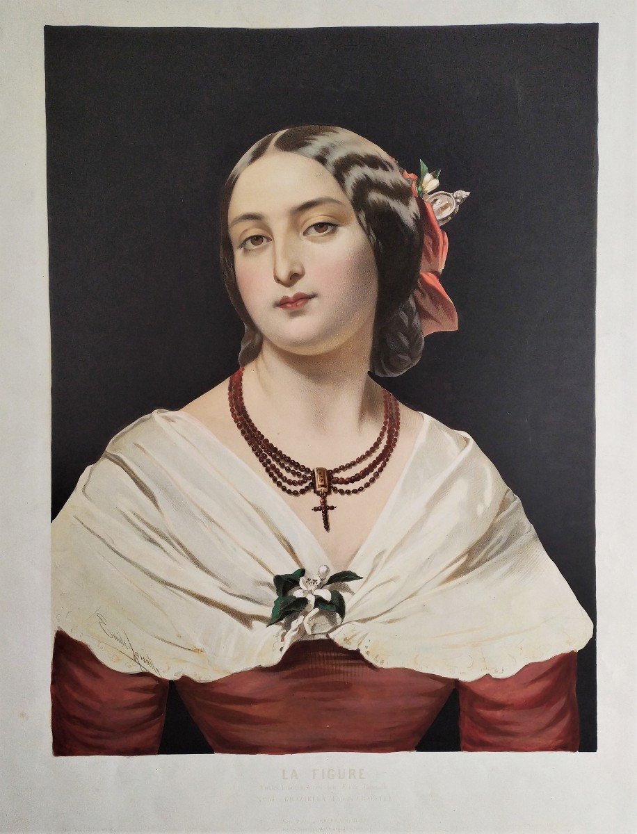 Portrait Of Italian Lady  Watercolored Lithograph 19th Century Old Print-photo-3