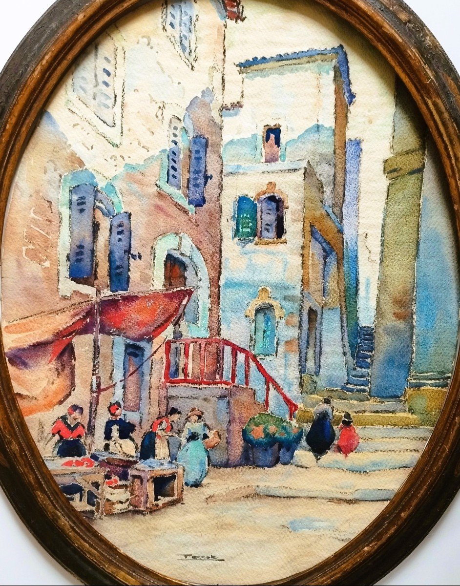 Naples, Alley And Its Market Watercolor By Perrot-photo-2