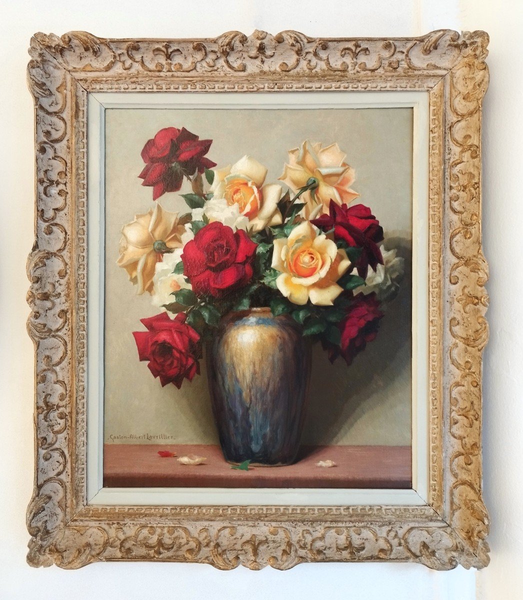 Tableau Huile Sur Toile Nature Morte Roses Par Gaston Albert - Lavrillier -photo-2