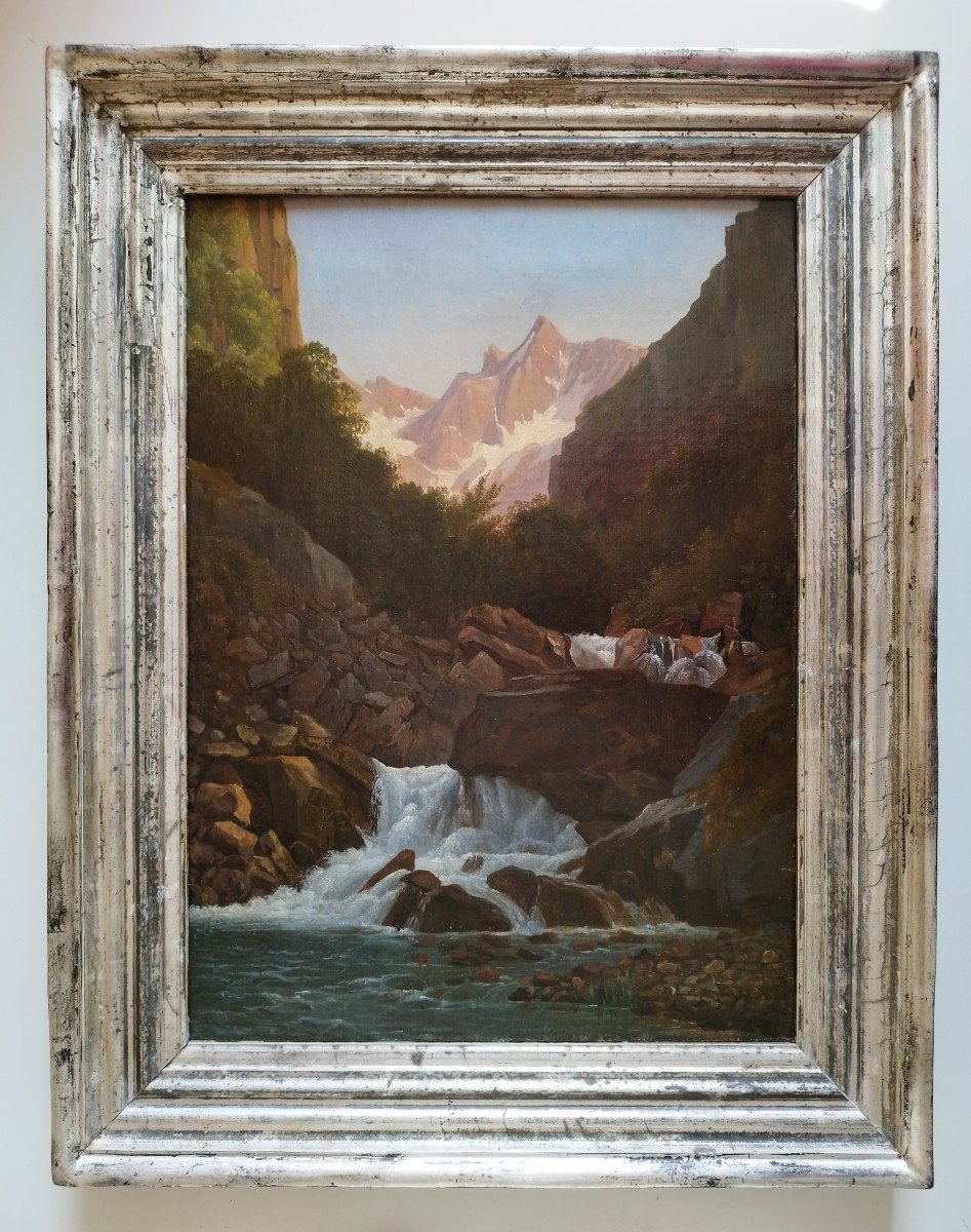 Tableau huile sur toile  Paysage Montagne Cascade école Suisse 19ème-photo-2