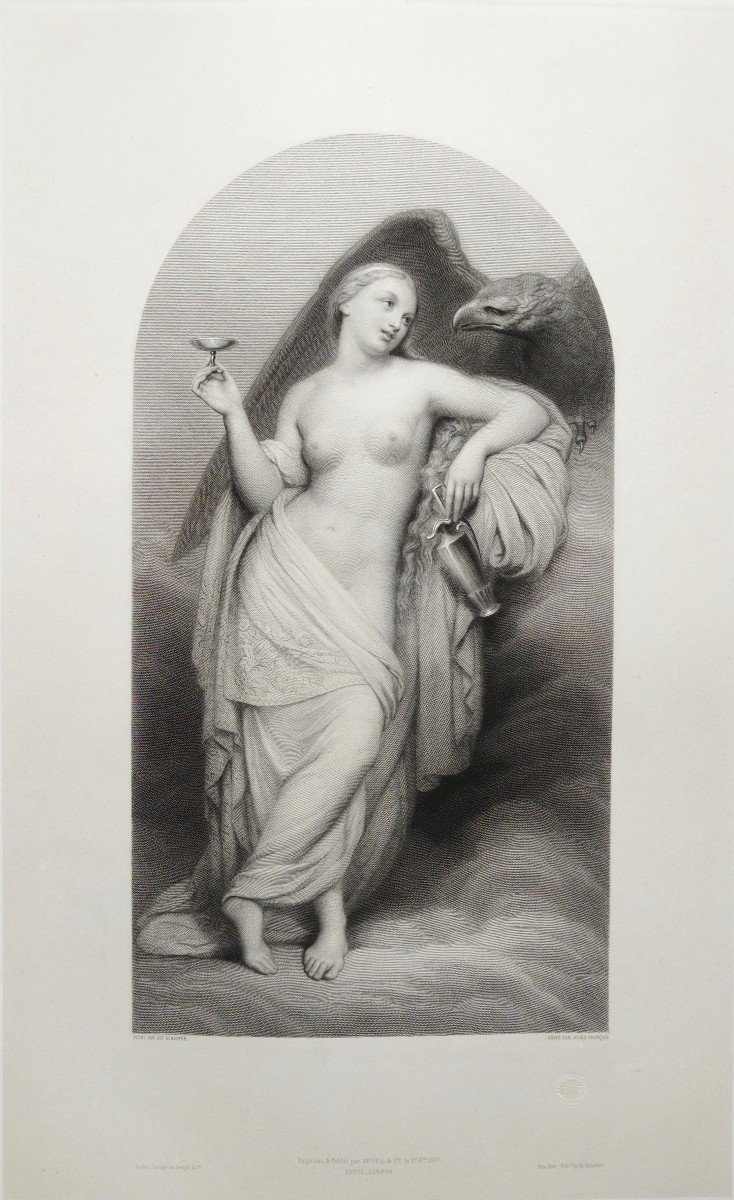 Engraving Hebe Goddess Of Youth Female Nude Mythological Etching After Ary Scheffer 19th C Old -photo-3