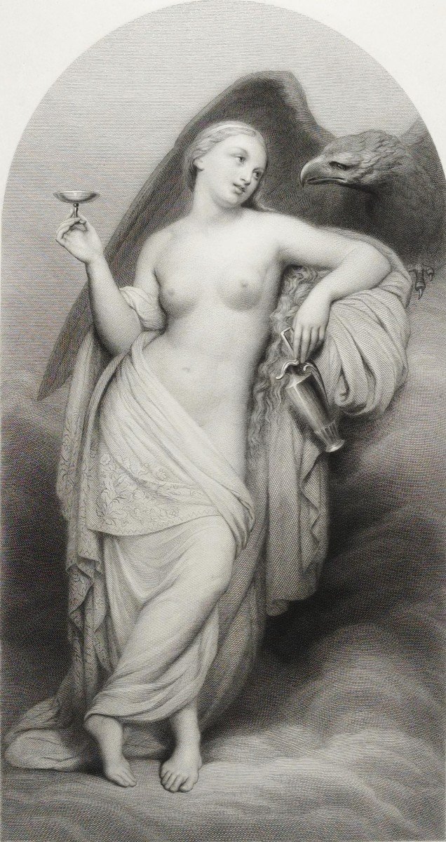 Engraving Hebe Goddess Of Youth Female Nude Mythological Etching After Ary Scheffer 19th C Old -photo-1