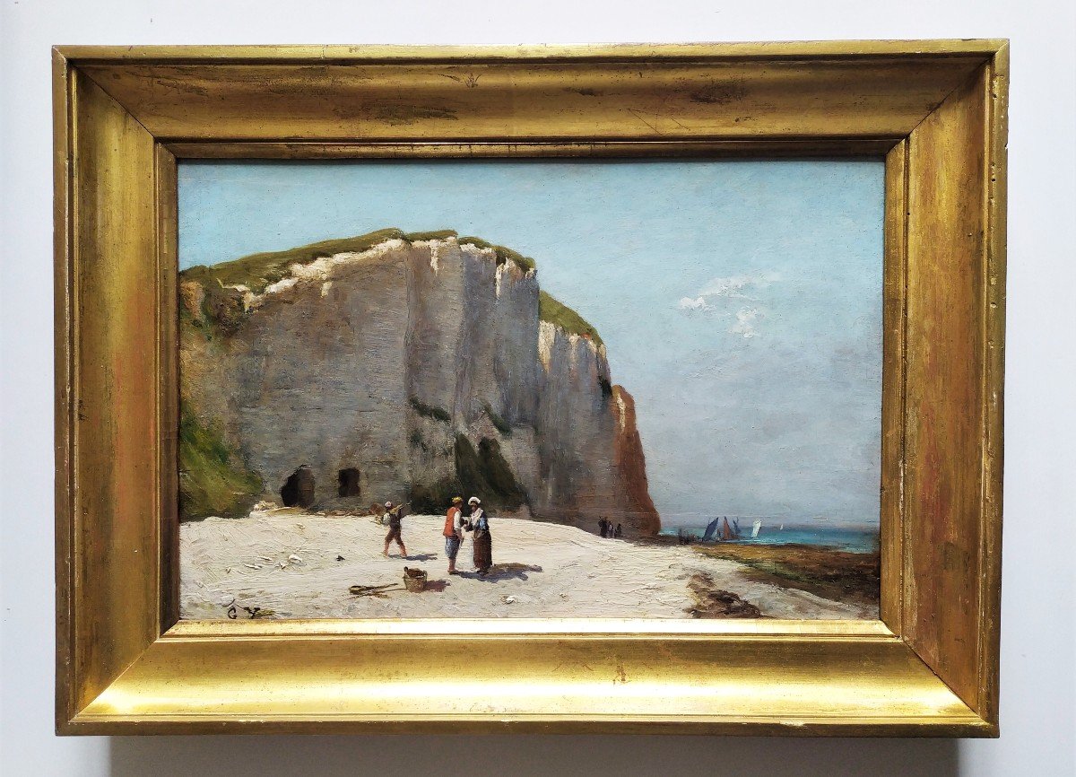 Oil Painting Etretat Landscape Seascape By Georges Villain 19th C-photo-2