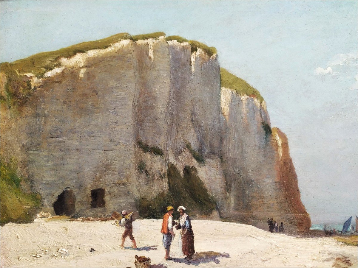Oil Painting Etretat Landscape Seascape By Georges Villain 19th C-photo-1
