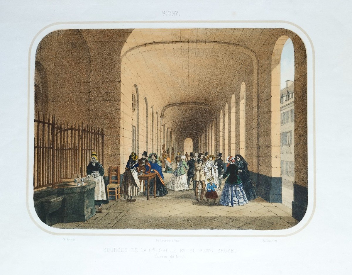 Vichy : Sources De La Grande Grille Et Du Puits Chomel, Galerie Du Nord Lithographie En Couleur-photo-3