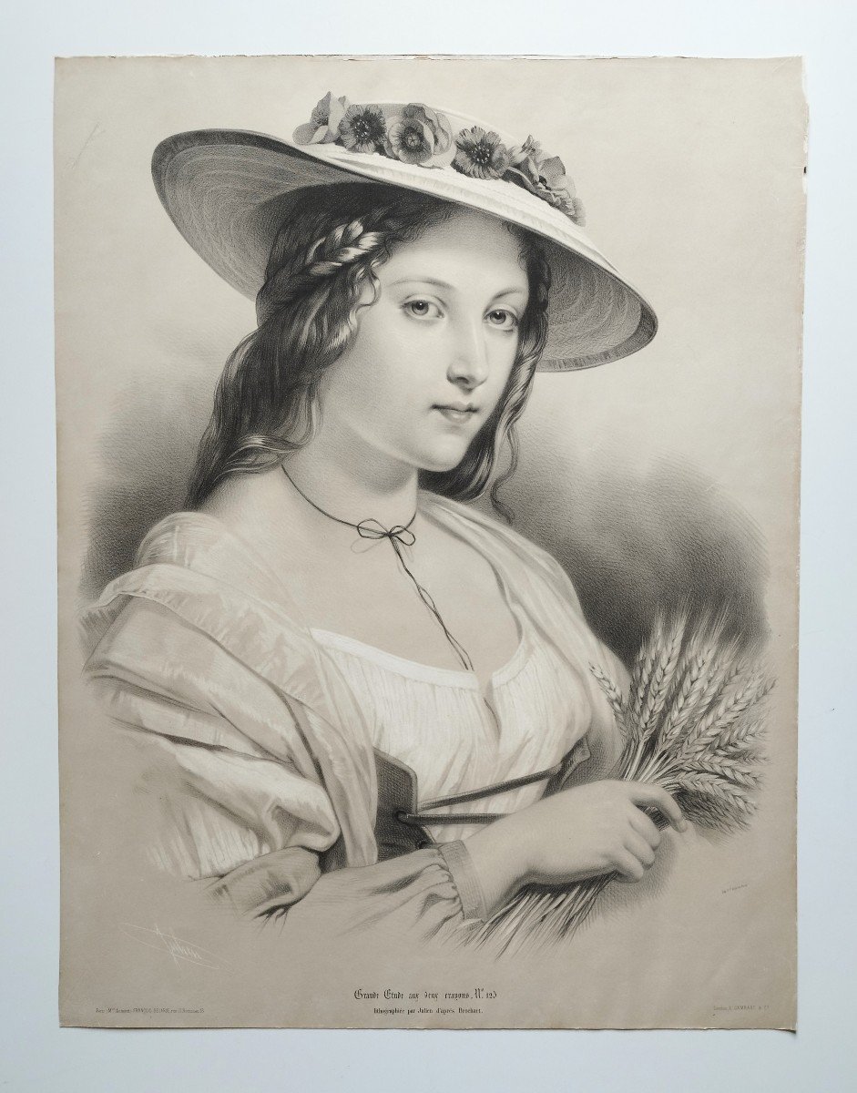 Woman In A Straw Hat Large Lithograph After Brochart 19th C  Old Print-photo-2