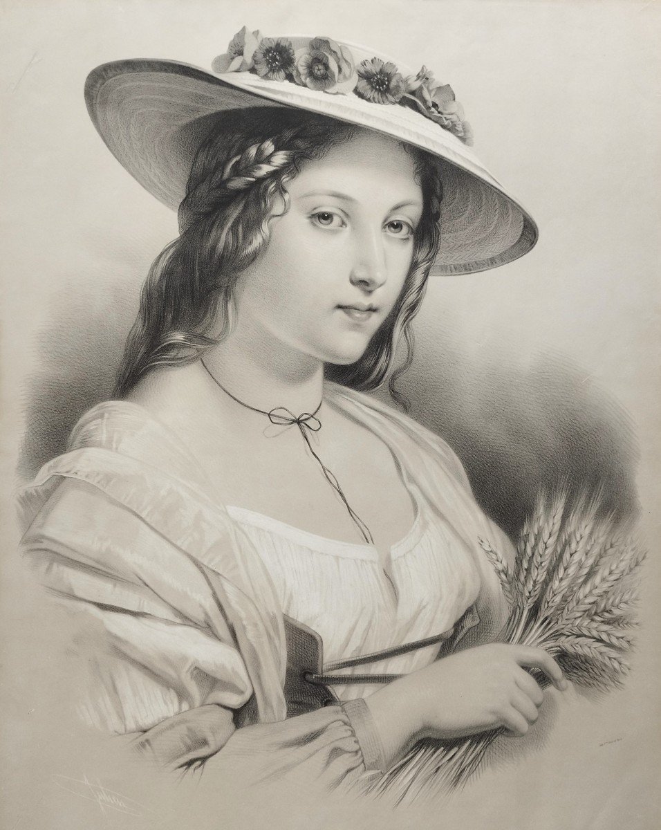 Woman In A Straw Hat Large Lithograph After Brochart 19th C  Old Print-photo-1