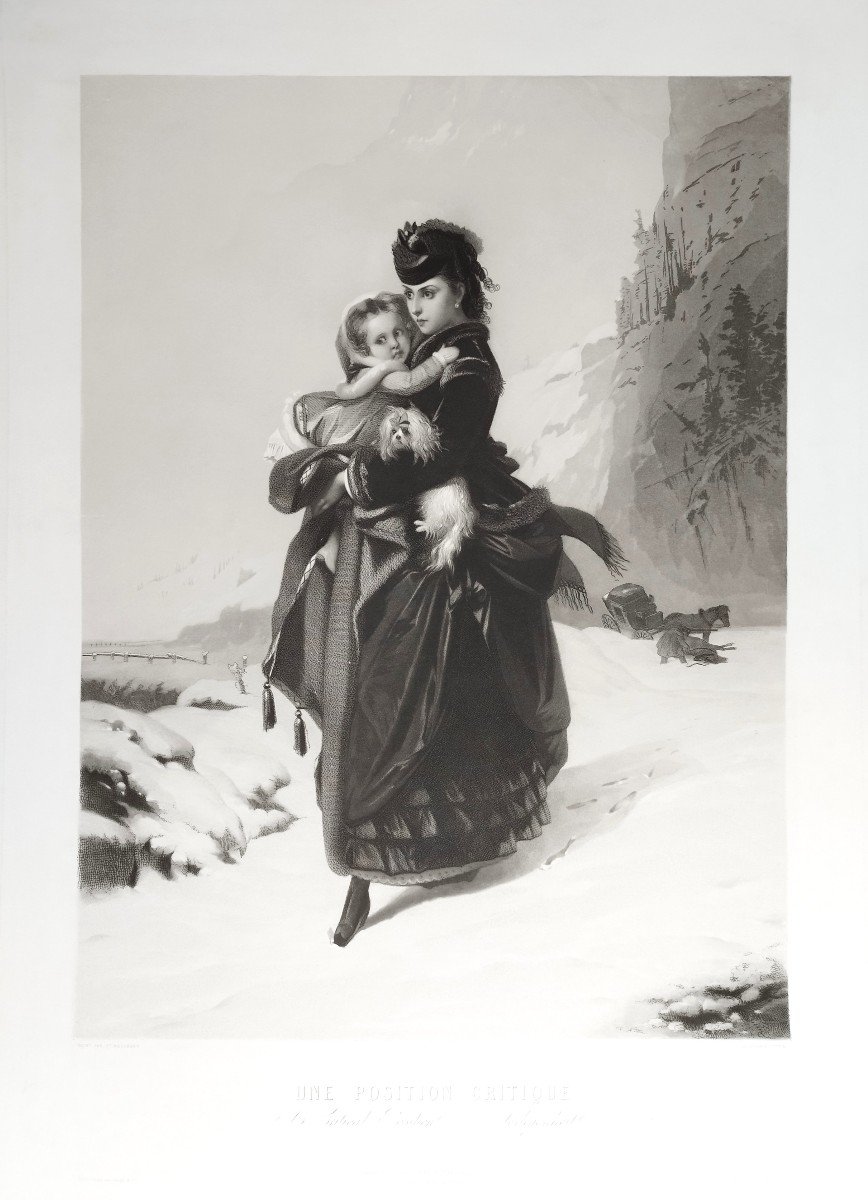Mountain Snow Woman Child Dog Engraving After Brochart 19th C Old Print-photo-3