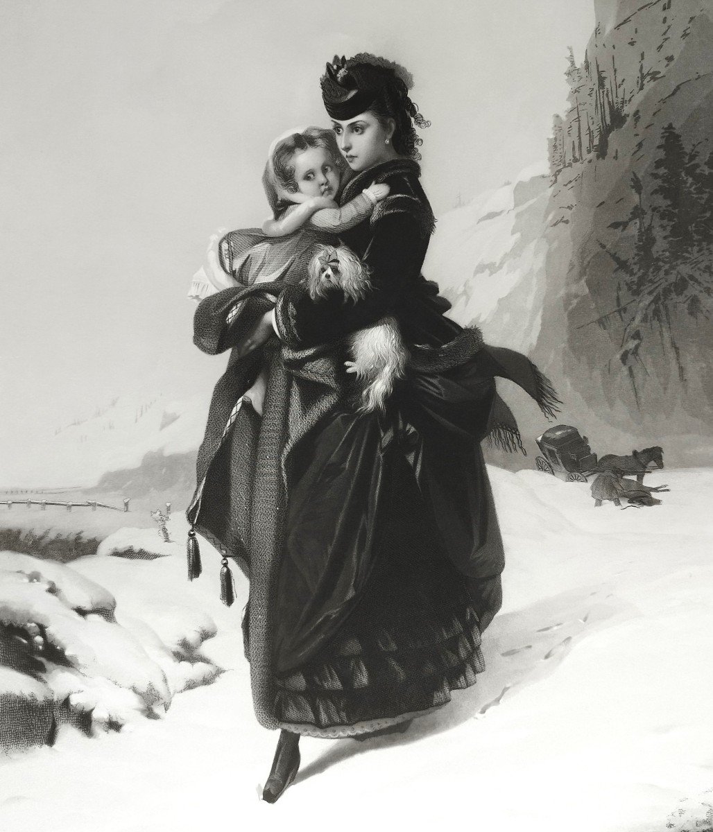 Mountain Snow Woman Child Dog Engraving After Brochart 19th C Old Print-photo-1