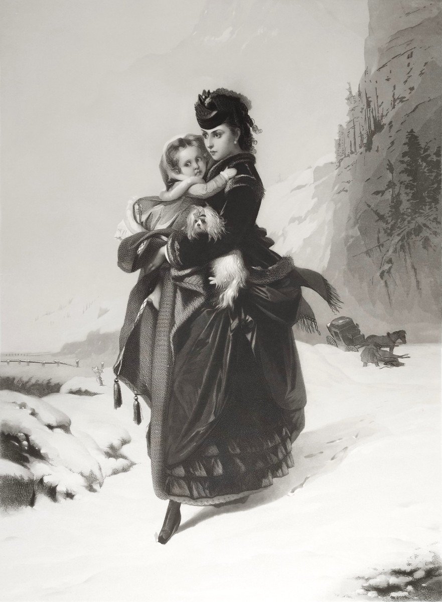 Mountain Snow Woman Child Dog Engraving After Brochart 19th C Old Print