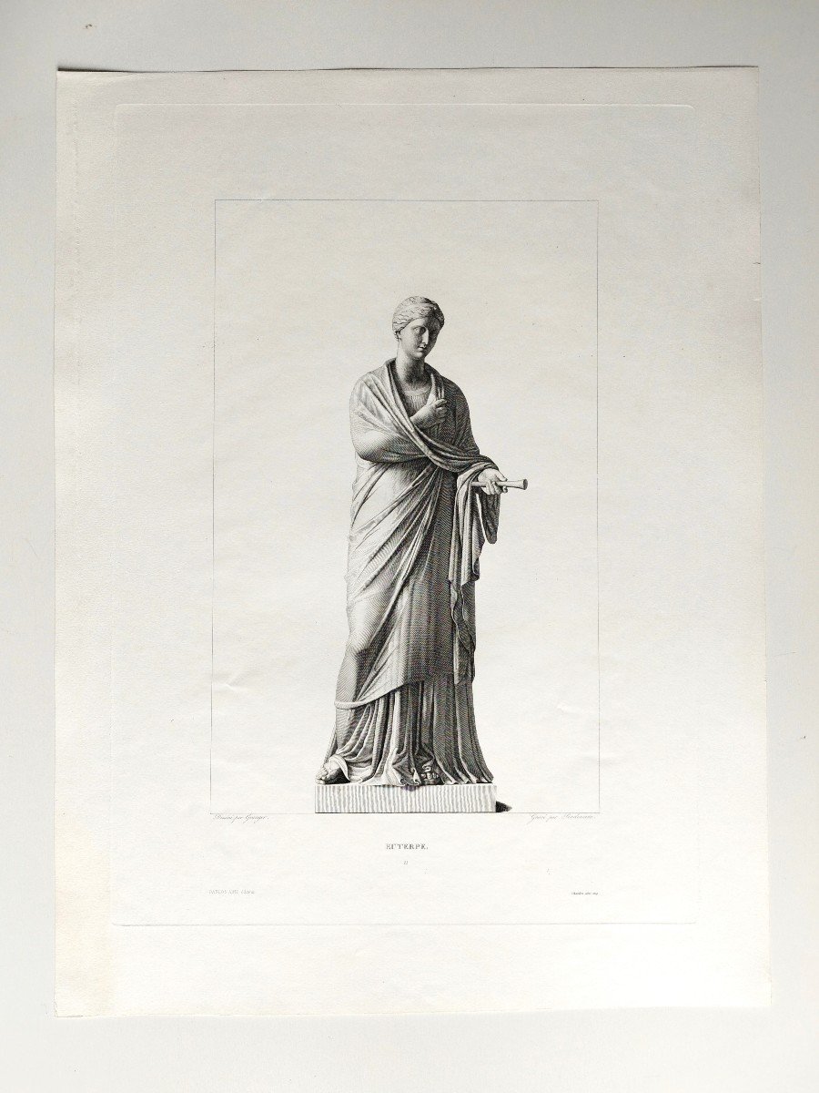 Mythological Engraving Euterpe  Greek Goddess 19th C Etching Old Print-photo-2