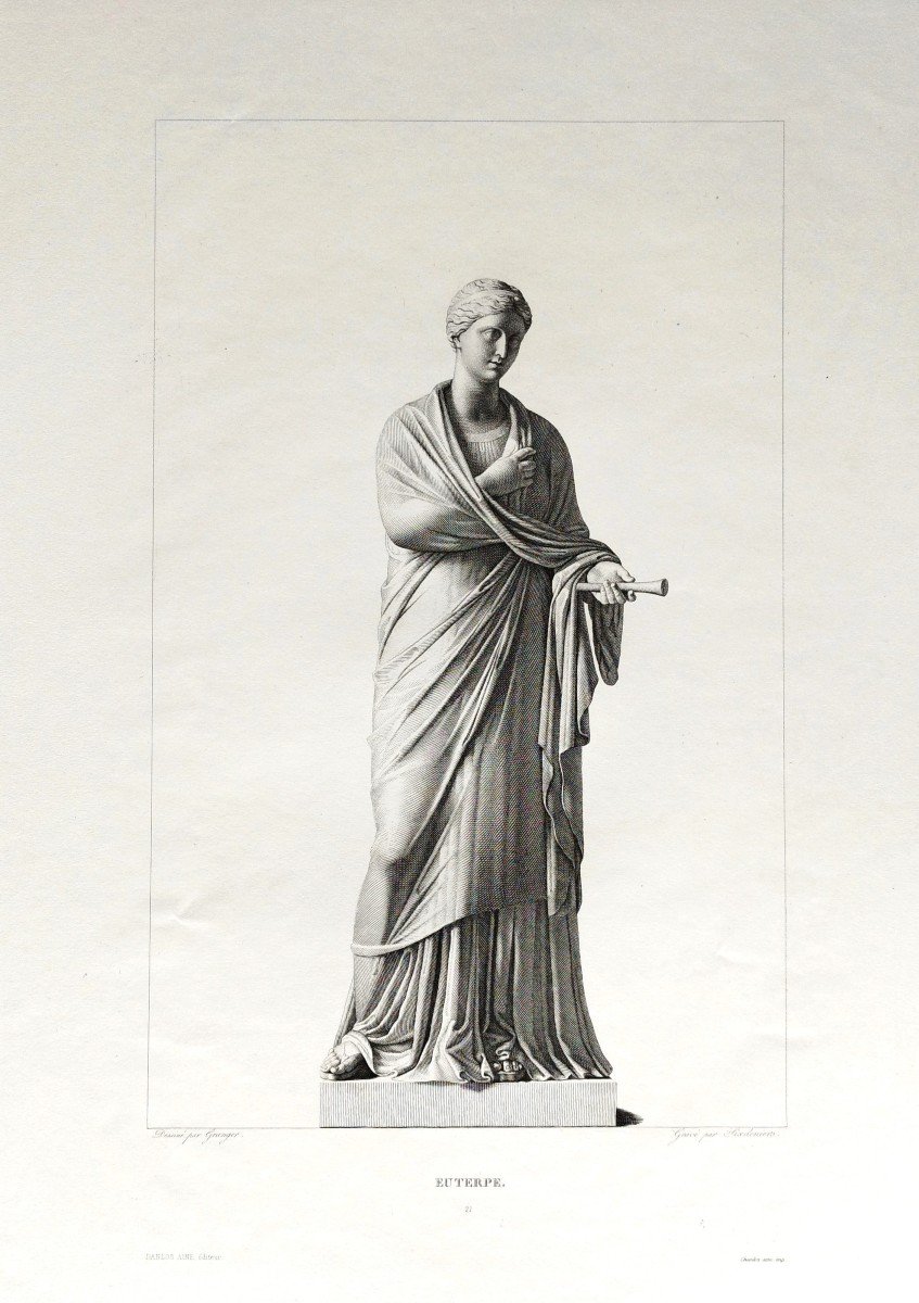 Mythological Engraving Euterpe  Greek Goddess 19th C Etching Old Print-photo-3
