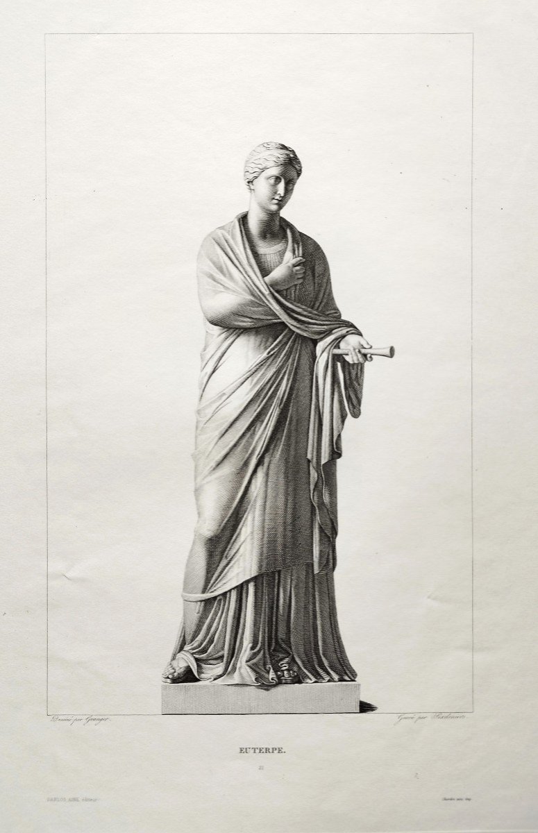 Mythological Engraving Euterpe  Greek Goddess 19th C Etching Old Print-photo-4