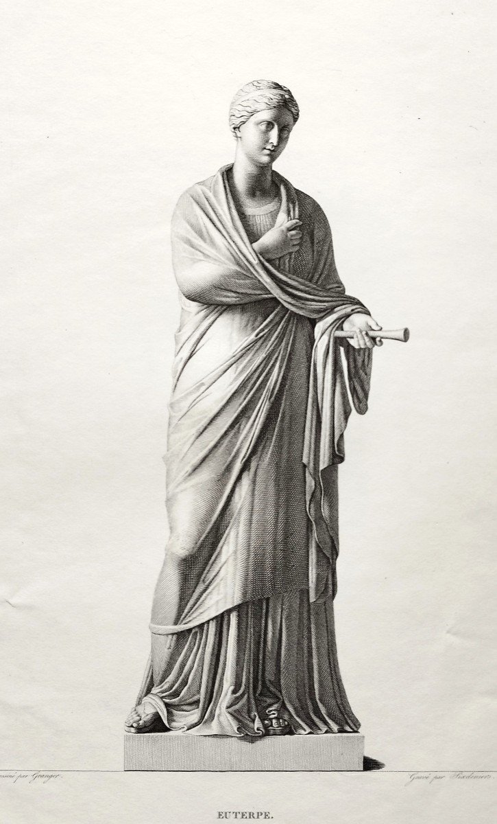 Mythological Engraving Euterpe  Greek Goddess 19th C Etching Old Print-photo-1