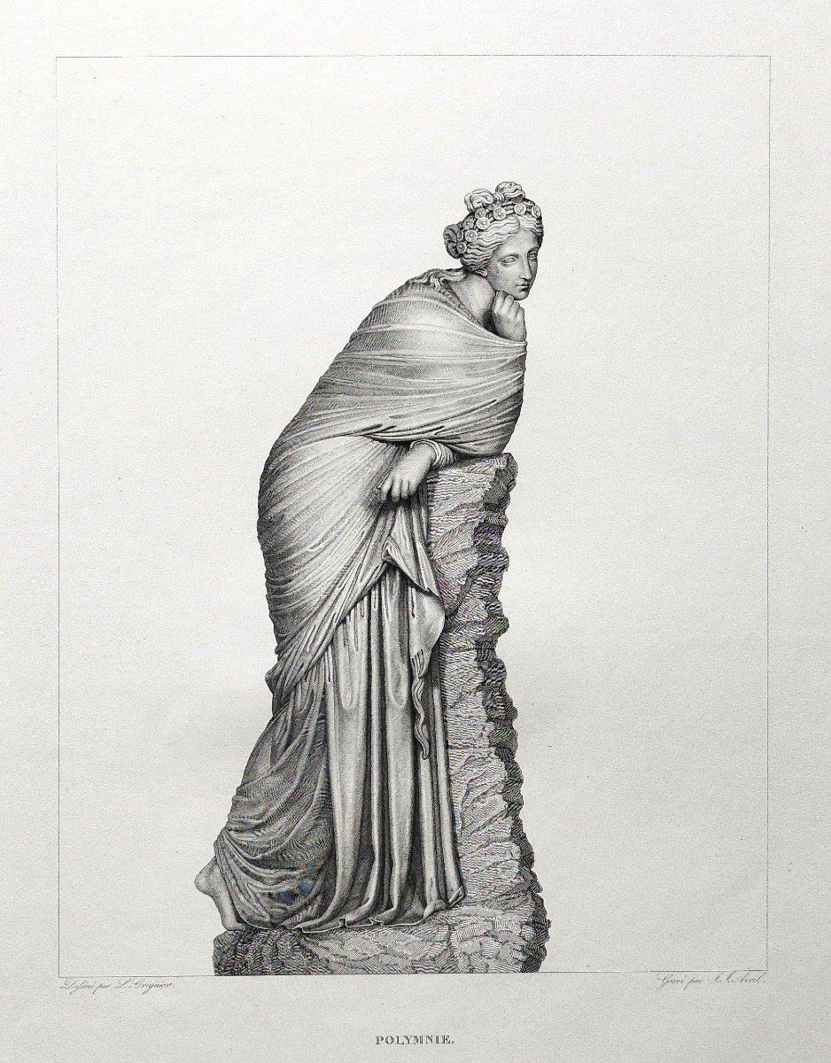 Etching Mythological Engraving Greek Goddess Polymnia 19th C Old Print