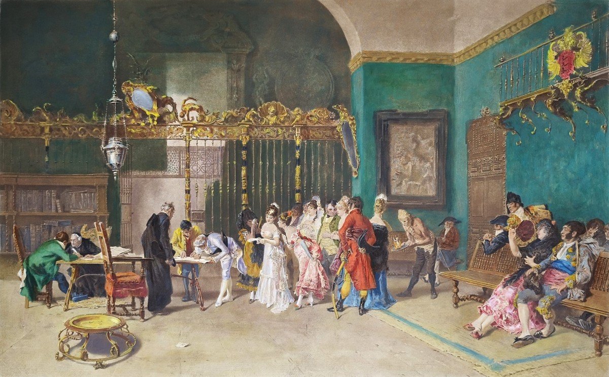 Gravure Aquarellée Mariage espagnol d'Après Fortuny 19ème