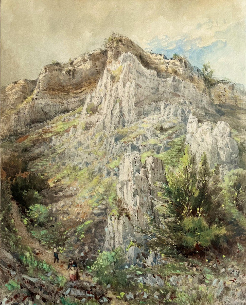 Watercolor Mountain Landscape 19th C 