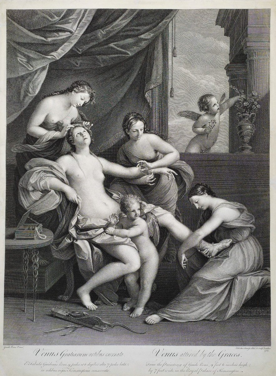 Etching Venus And The Graces Mythological Engraving 18th C Old Print-photo-3