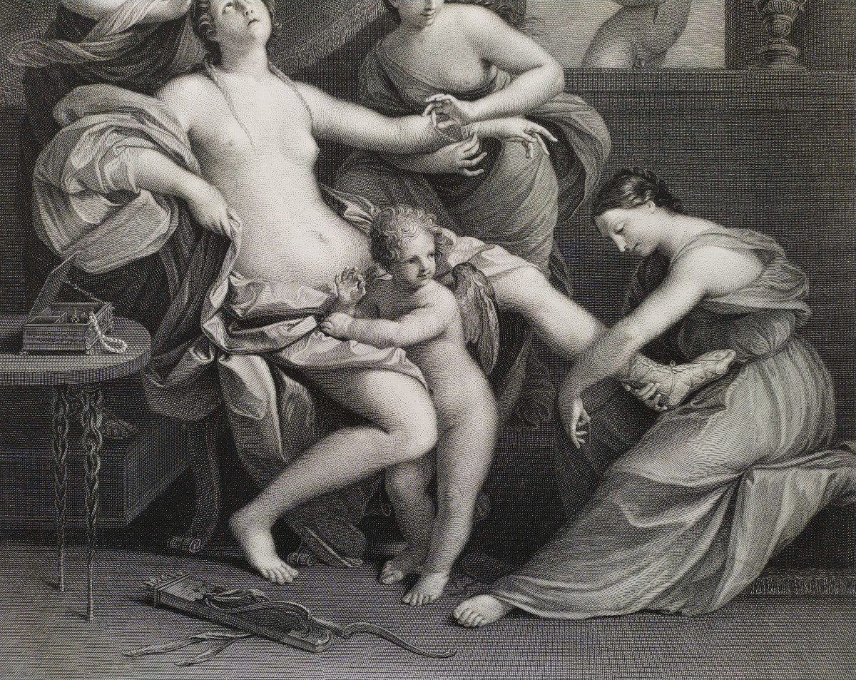 Etching Venus And The Graces Mythological Engraving 18th C Old Print-photo-3