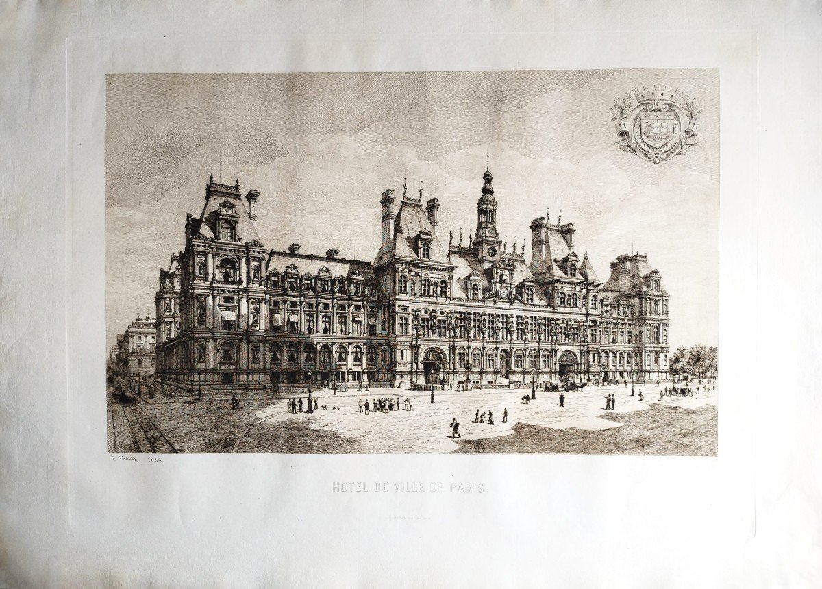 Paris  Hotel De Ville Gravure Par Eugène Sadoux 1886-photo-2