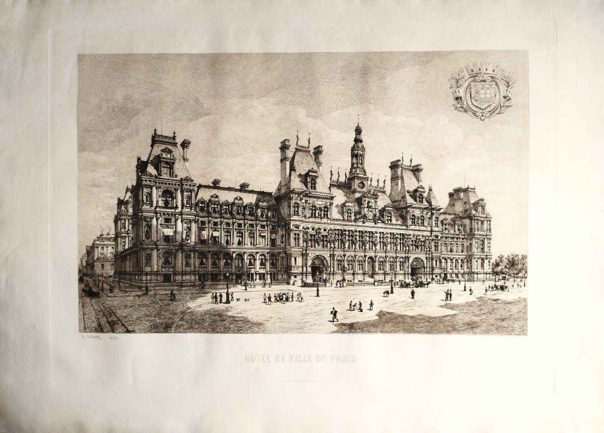 Etching Paris City Hall Engraving By Eugène Sadoux  Old Print Dated 1886 19th C-photo-2