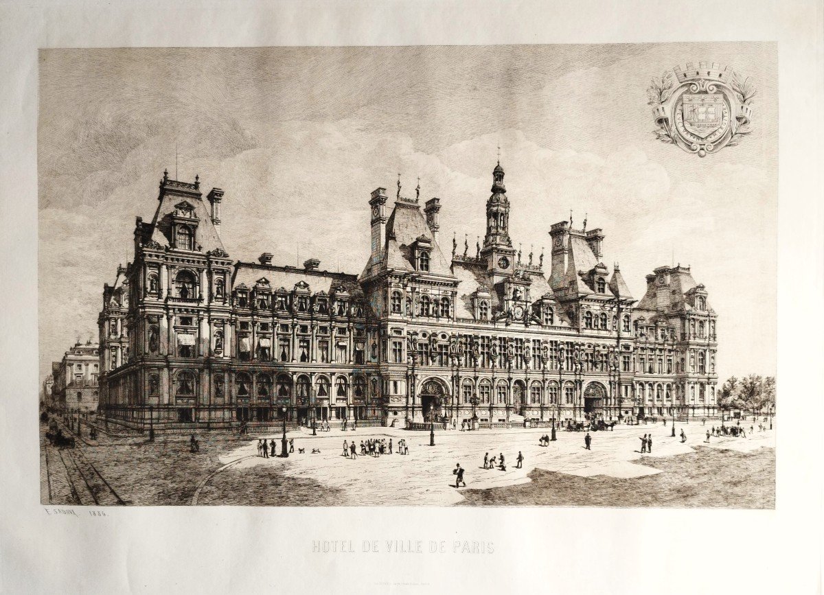 Etching Paris City Hall Engraving By Eugène Sadoux  Old Print Dated 1886 19th C-photo-3