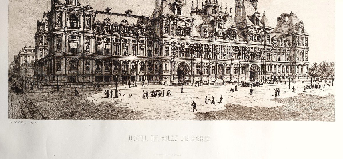 Etching Paris City Hall Engraving By Eugène Sadoux  Old Print Dated 1886 19th C-photo-3