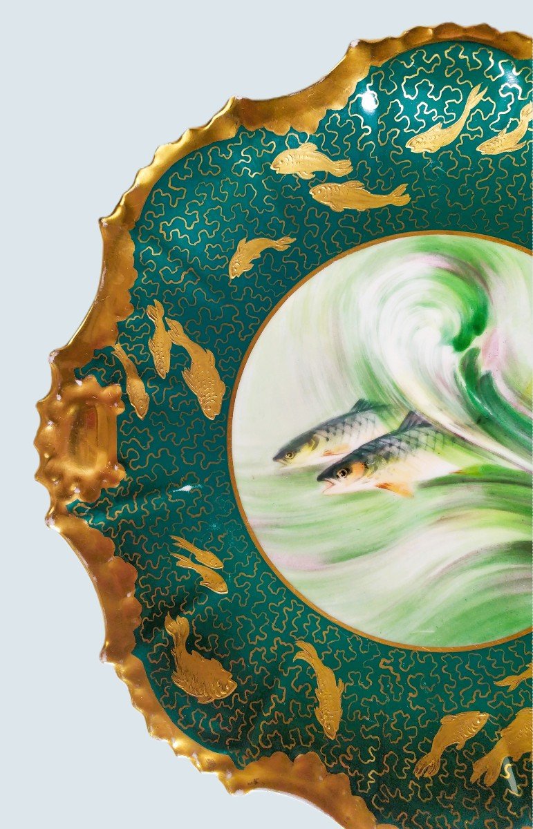 Hand Painted Limoges Porcelain Plate Japanese Style Fishes Decor-photo-3