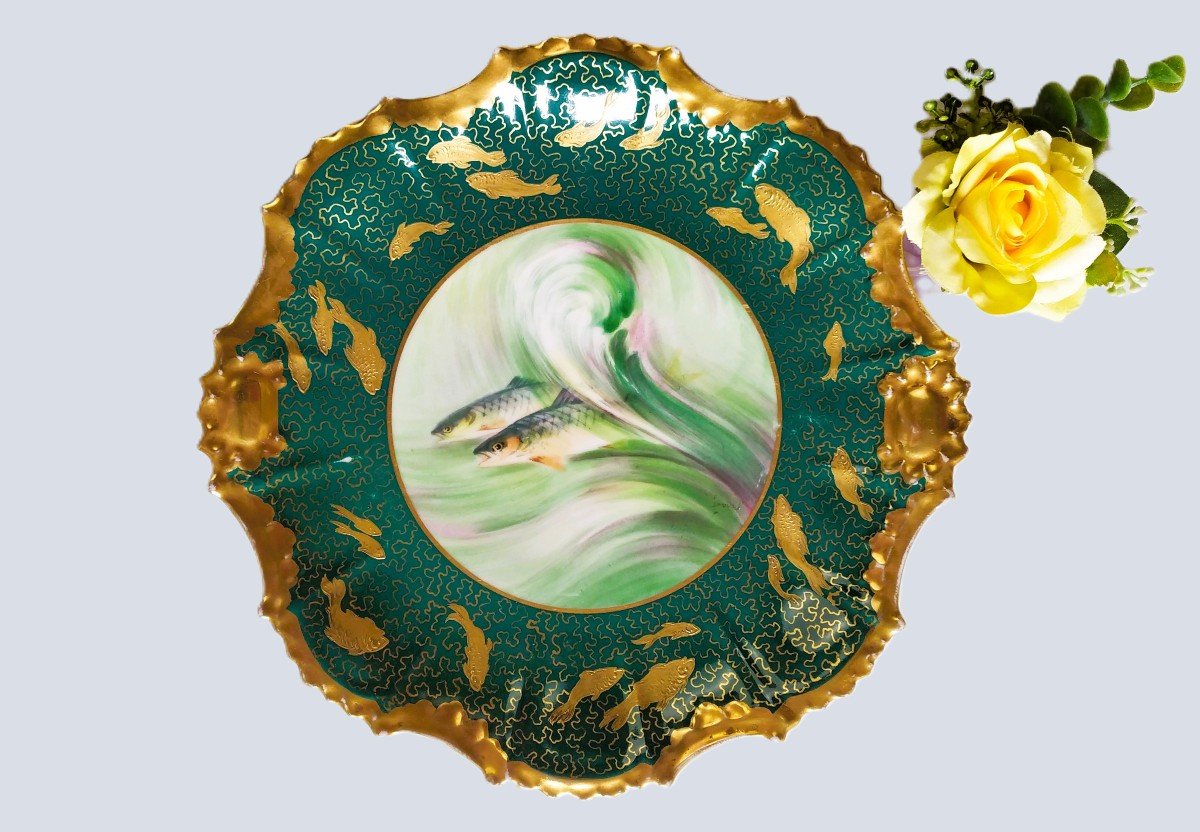Hand Painted Limoges Porcelain Plate Japanese Style Fishes Decor