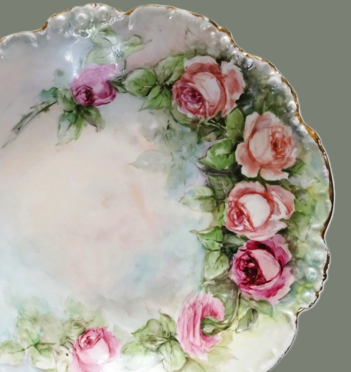   Limoges Jean Pouyat Porcelain Plate With Rose Decor-photo-3