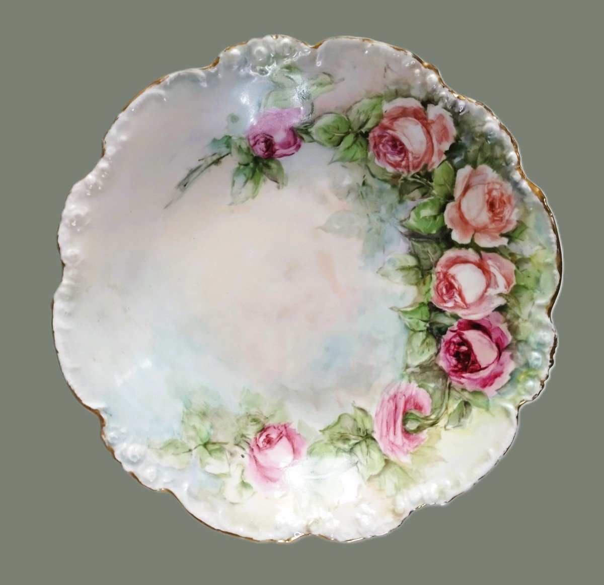   Limoges Jean Pouyat Porcelain Plate With Rose Decor-photo-4