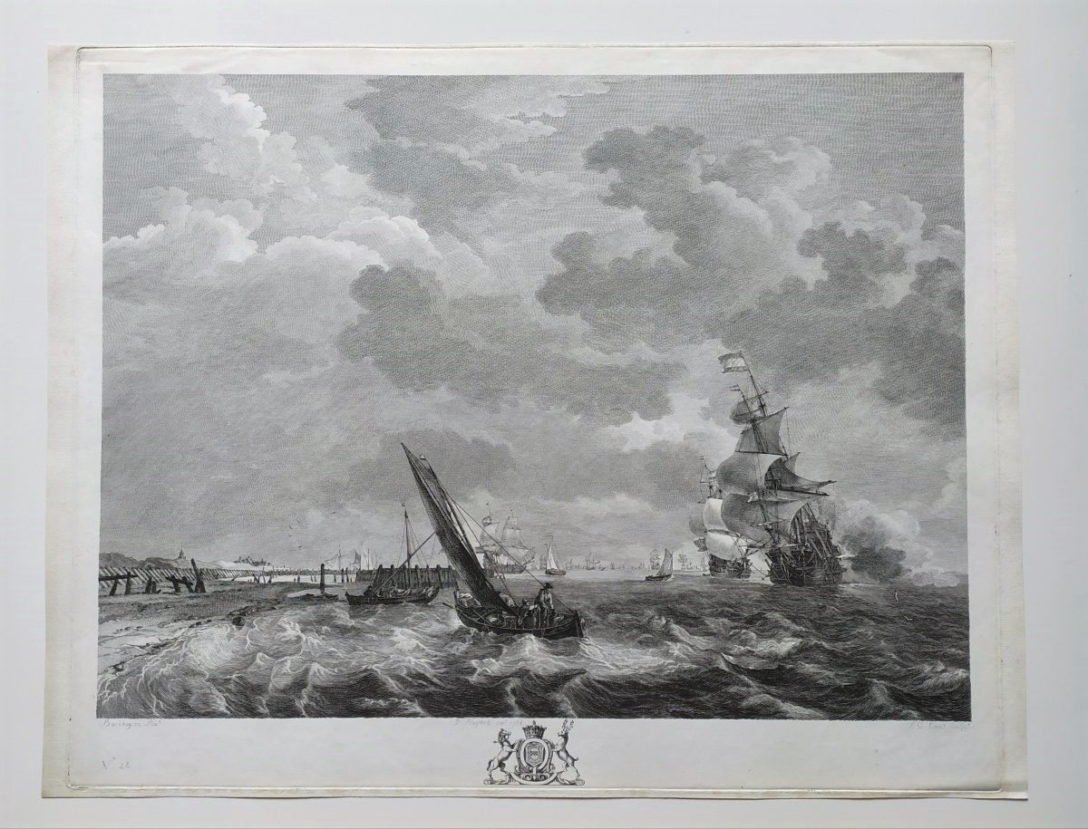 Etching Seascape Engraving After Ludolf Bakhuizen 18th C Old Print-photo-2