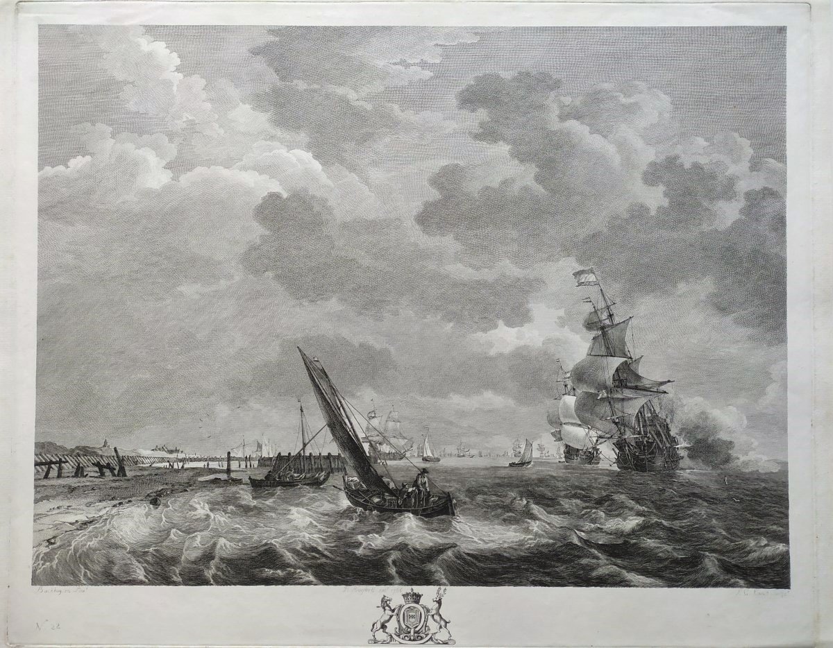 Etching Seascape Engraving After Ludolf Bakhuizen 18th C Old Print-photo-3