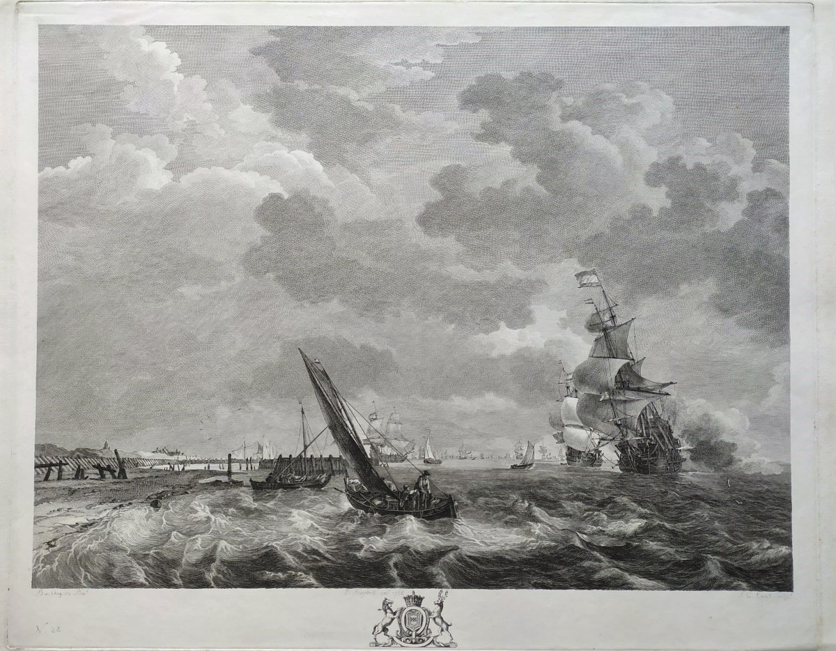 Etching Seascape Engraving After Ludolf Bakhuizen 18th C Old Print