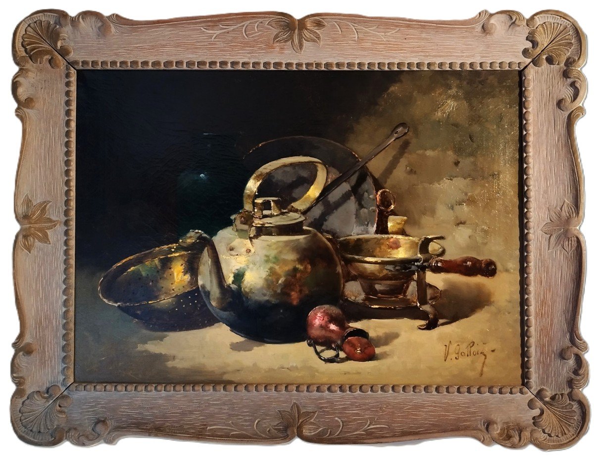  Victor Gallois Grand Tableau Huile Sur Toile Nature Morte Aux Cuivres De Cuisine 19ème