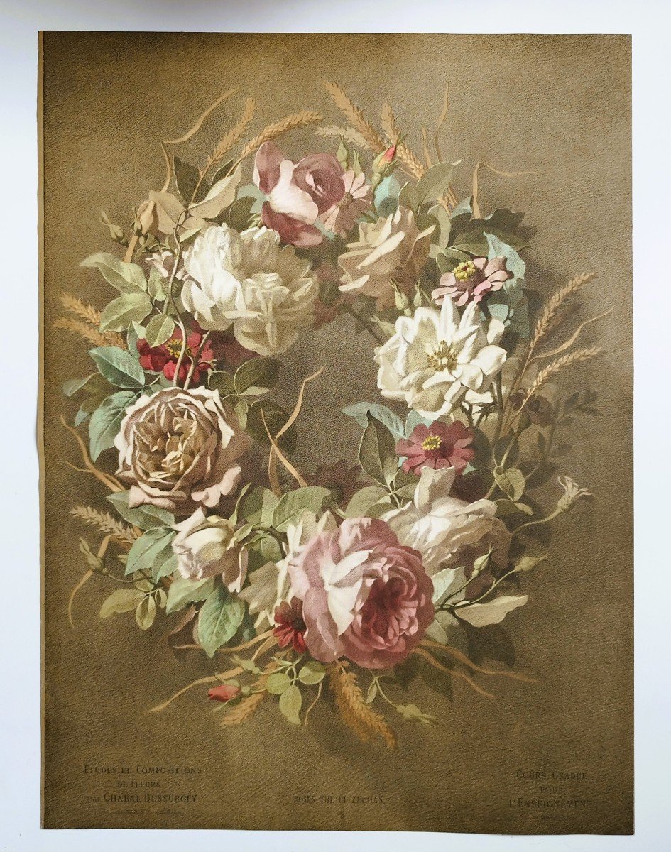 Couronne Fleur Roses Thé Et Zinnias Lithographie Aquarellée 19ème-photo-2